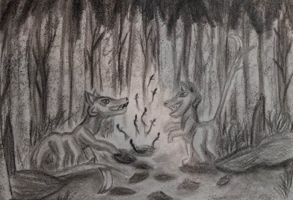 A graphite pencil drawing showing two canine-like creatures in a dark forest. The creatures each have six legs, and one creature is standing on its back four legs with its forelegs held up. They also have long tails that end in blades, and curved protrusions on the sides of their heads. They are watching a flock of tiny flying lizards that a giving off light like a fire.