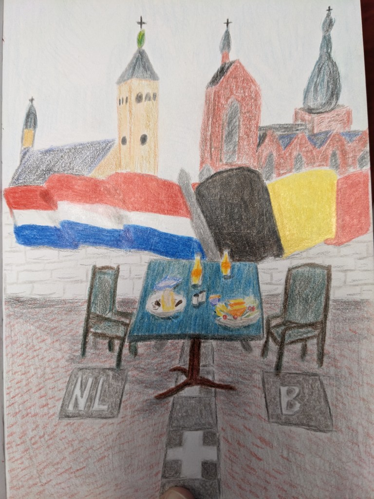 A coloured pencil sketch featuring a green table with two meals and two drinks on the top of it with two chairs around it is set up on a line of pavers with white crosses on them. On the left side of the floor pavers is a paver with the letters 'NL' in white pictured on it. To the right side of the line of crosses is a paver with a white 'B' on it. Behind the table are two tricolour flags; the flag of The Netherlands to the left, and the flag of Belgium on the right. Behind the flags are two churches; a light brown one to the left, and a brick red one to the right. 