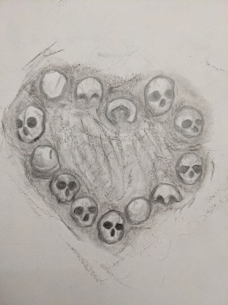 Monochrome graphite pencil drawing of thirteen skulls with various levels of damage are arranged in the shape of a love heart. The heart shape is shaded around the skulls. 