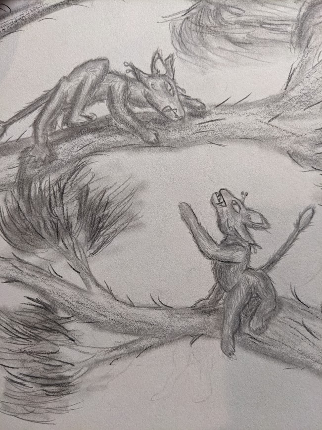 A graphite pencil drawing of two six-legged, cat-like animals with sharp fangs, stiff tails ending in a round counter-weight and little antanea examining each other while sitting in some large tree branches. These alien trees appear to have 'hair' leaves growing directly out of the trunk.