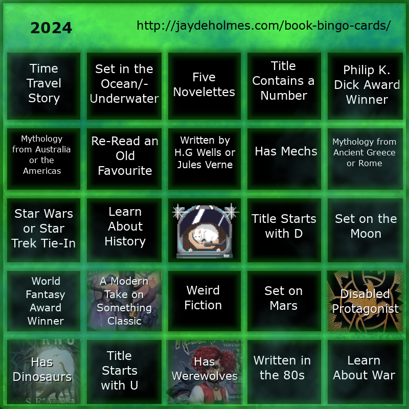 A five-by-five bingo card with the following challenges, listed row-by-row and left-to-right: Row One: 1. Time Travel Story 2. Set in the Ocean/Underwater 3. Five Novelettes 4. Title Contains a Number 5. Philip K. Dick Award Winner Row 2: 1. Mythology From Australia or The Americas 2. Re-Read an Old Favourite 3. Written by H.G. Wells or Jules Verne 4. Has Mechs 5. Mythology from Ancient Greece or Rome Row 3: 1. Star Wars of Star Trek Tie-In 2. Learn About History 3. Free Square 4. Title Starts with D 5. Set on the Moon Row 4: 1. World Fantasy Award Winner 2. A Modern Take on Something Classic 3. Weird Fiction 4. Set on Mars 5. Disabled Protagonist (FILLED by Iron Flame) Row 5: 1. Has Dinosaurs (FILLED by Mislaid in Parts Half-Known) 2. Title Starts with U 3. Has Werewolves (FILLED by Lucy Claire: Redemption) 4. Written in the 80s 5. Learn About War