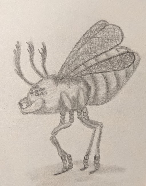 A graphite pencil drawing of an alien insect. It has one body segment and an abdomen. It has four long legs, three antennae lined up along the 'spine' of its body, four fly-like wings, large jaws and dozens of spider-like eyes.