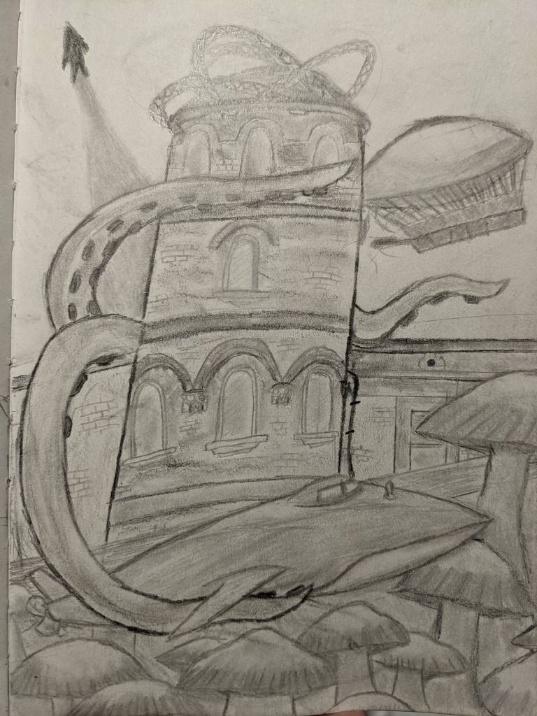 A graphite drawing of a strange brick tower with unusual steel half-rings at the top. Three giant kraken tentacles peek out from behind it. One tentacle reaches down and wraps around the Nautalis submersible from 20,000 Leagues Under the Sea, which is floating along amongst a forest of giant mushrooms. Higher in the picture, a Victorianesque airship is flying out from behind the tower. There is also a rocket launching off in the distance. 