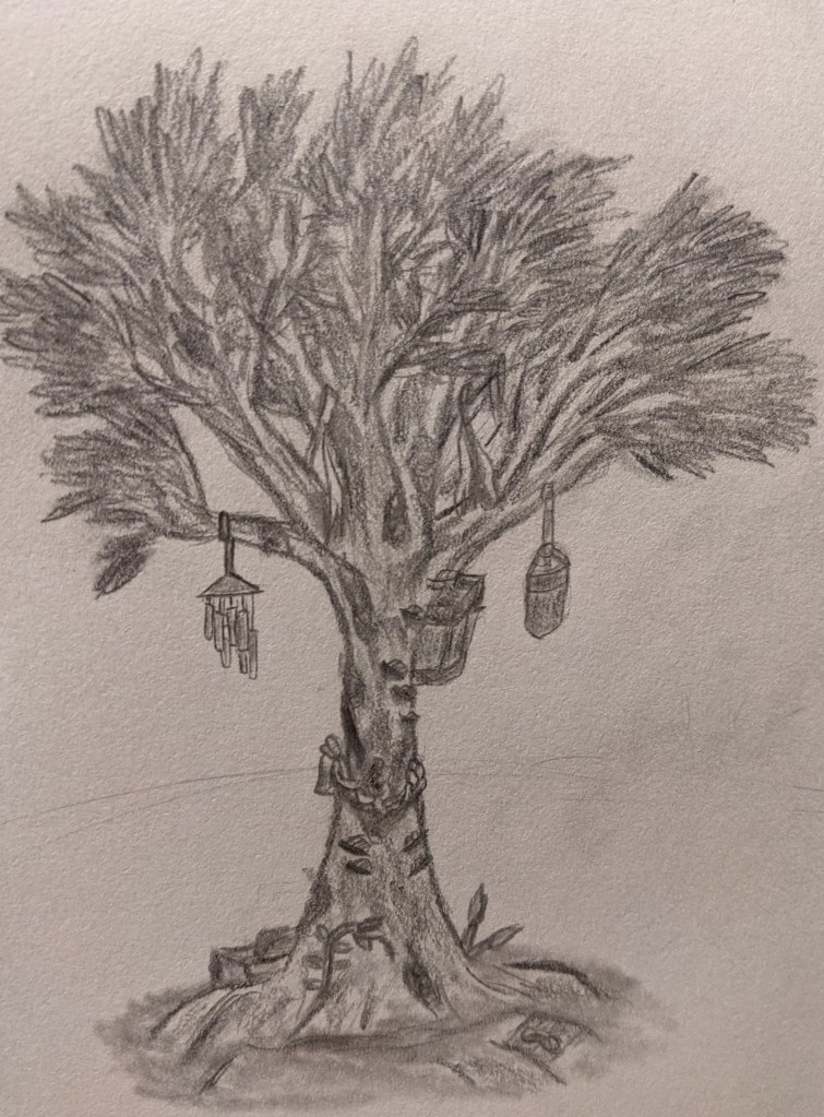 A graphite drawing of a tree. There are a variety of fungal growths and other strange patches on its trunk, and its leaves are thin. A set of windchimes hang from a branch on the left side, and a container hangs off a branch on the right side. There is some sort of large box attached on the back of the upper trunk. Glowers, ferns, a hollow and more containers are visible at the base of the tree, amongst some raised roots.
