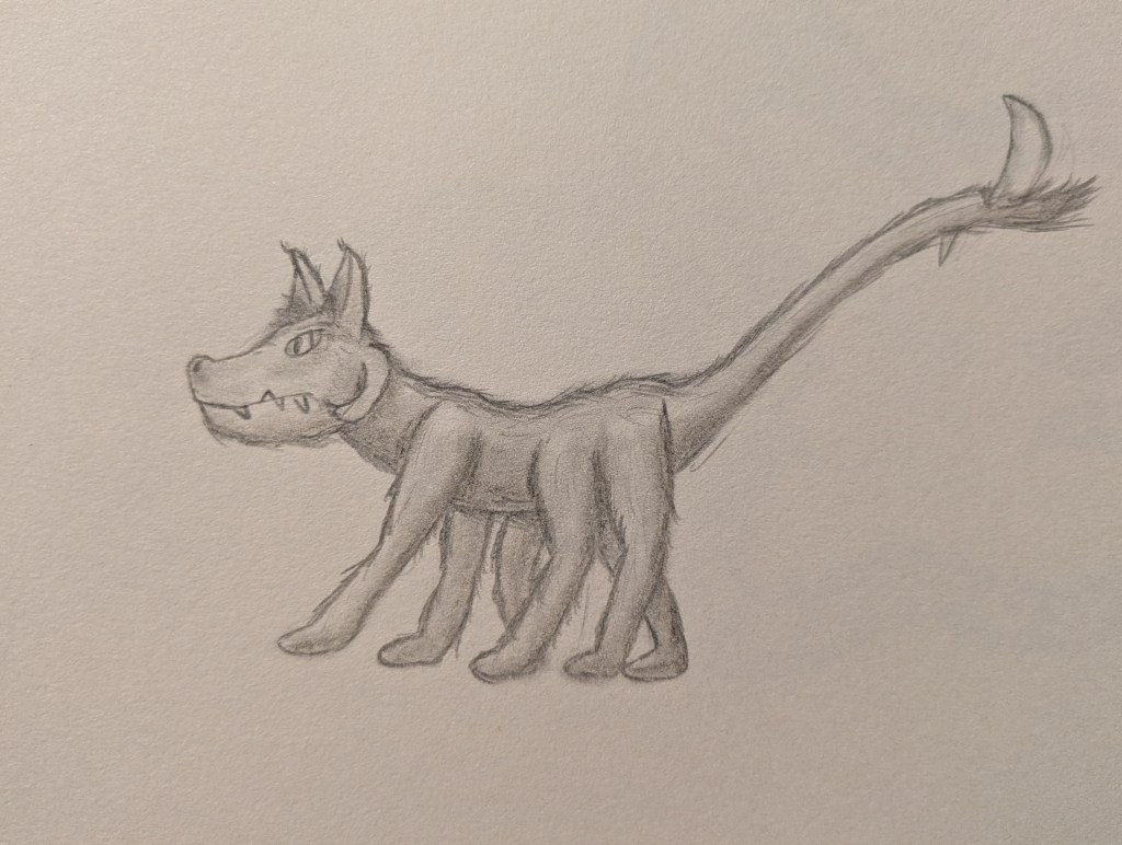 A graphite sketch of a canine-like creature in side profile with six legs and a long tail that ends in a small tuft of fur and two blades; a large curved one facing upwards, and a small spike pointing downwards. The creature has small fangs, pointed ears, and a curved growth on the side of its face. Its body is long and slender and its fur unmarked.