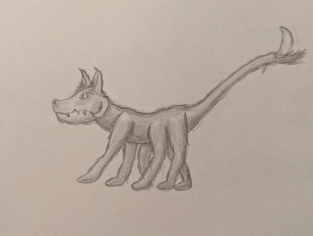 A graphite sketch of a canine-like creature in side profile with six legs and a long tail that ends in a small tuft of fur and two blades; a large curved one facing upwards, and a small spike pointing downwards. The creature has small fangs, pointed ears, and a curved growth on the side of its face. Its body is long and slender and its fur unmarked.