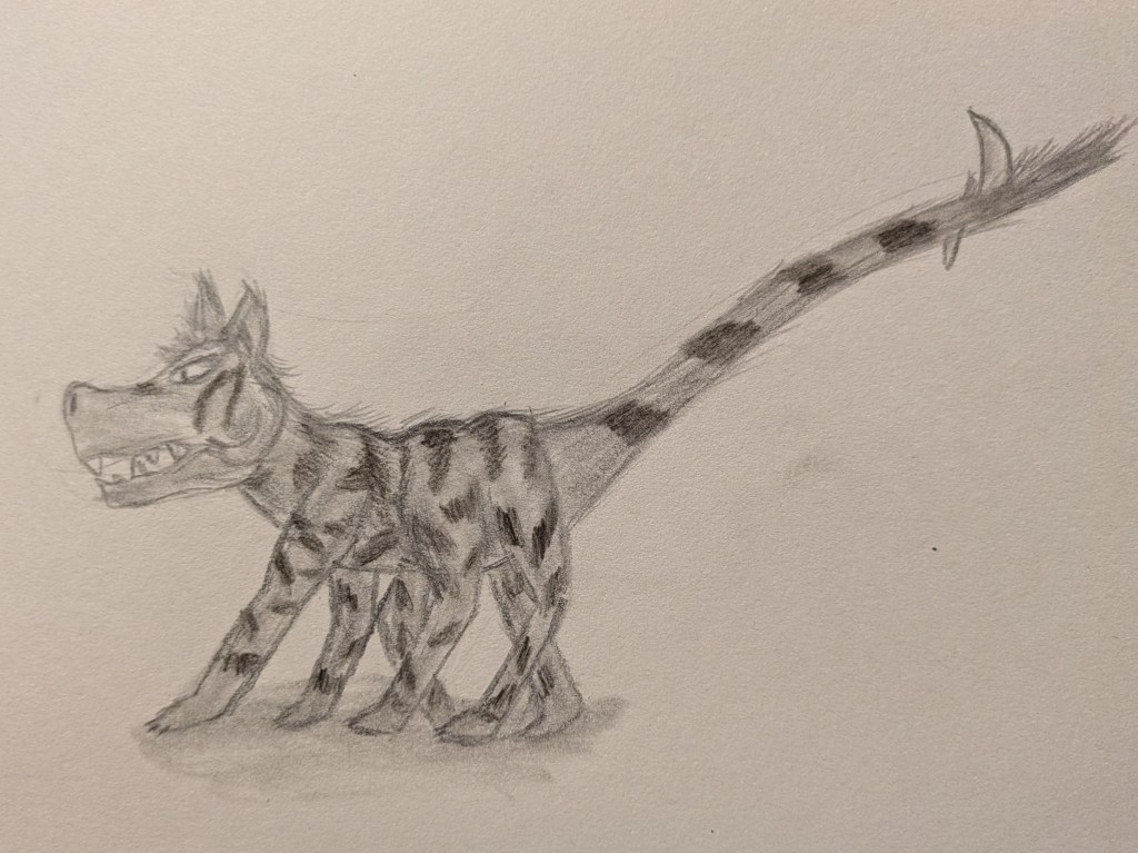 A graphite sketch of a canine-like creature in side profile with six legs and a long tail that ends in a long tuft of fur and two blades; a large curved one facing upwards, and a small spike pointing downwards. The creature has small fangs in its snarling mouth, pointed ears, and a curved growth on the side of its face. Its body is stocky and its fur is striped.