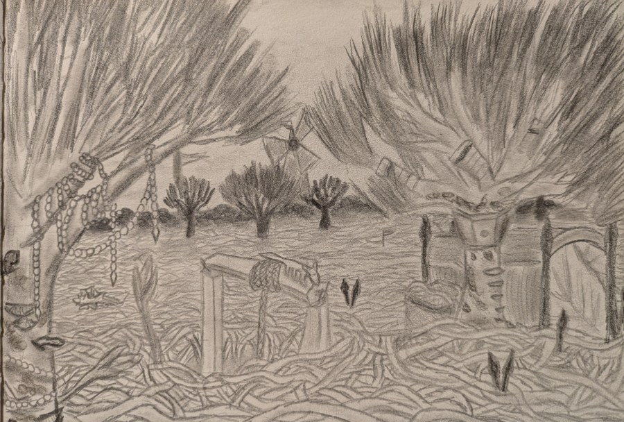 A drawing made with graphite pencil. It shows a flat landscape covered in vines. In the foreground are two trees and a well. The tree to the left is not completely in frame, but we see enough of it to know there are fungi and other strange markings and creatures on it, and that beads are wrapped around its trunk and draping from its branches. The well is in the centre, and it is simply a hole in the vines with a frame coming out of it and a rope tied to the middle. A six-legged lizard sits on top of it. The tree on the right is fully visible, and has a box nest tied around its trunk and striped socks on some of its branches. There is a small structure with a door made of leaves behind it. In the background three more trees can be seen, along with a flag and a windmill.