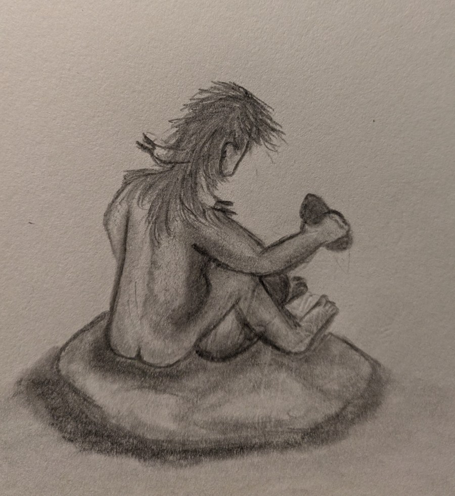 A graphite drawing showing a humanoid figure from behind, sitting on a rock and using a stone tool to crack a round object between its legs. The figure is naked, and has hair growing not just on its scalp, but on its neck, shoulders and upper back as well. It has two slightly curved, flat horns sticking out of the hair on the back of its head. Both horns end in long hairs.