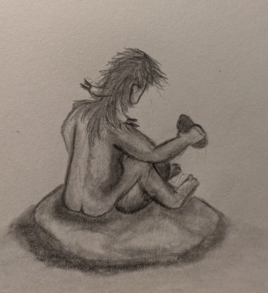 A graphite drawing showing a humanoid figure from behind, sitting on a rock and using a stone tool to crack a round object between its legs. The figure is naked, and has hair growing not just on its scalp, but on its neck, shoulders and upper back as well. It has two slightly curved, flat horns sticking out of the hair on the back of its head. Both horns end in long hairs. 