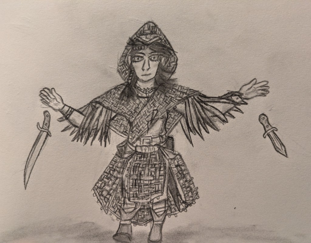A graphite drawing of a human woman stepping forward while dropping a sword and a dagger from each hand. There are beads in her hair, scabbards at her belt, and outer garments made of stiff woven bamboo strips. There is a hood, a top that drapes wide over her shoulders and has long leaves sticking out as sleeves, and a skirt/apron combo covering her legs and scabbards, but keeping the scabbards accessible.