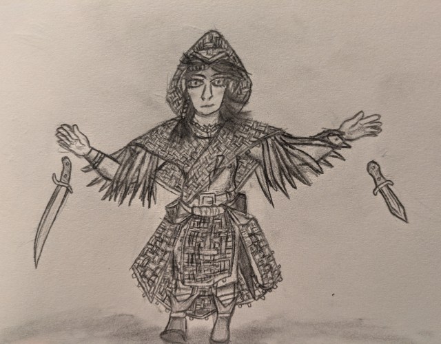 A graphite drawing of a human woman stepping forward while dropping a sword and a dagger from each hand. There are beads in her hair, scabbards at her belt, and outer garments made of stiff woven bamboo strips. There is a hood, a top that drapes wide over her shoulders and has long leaves sticking out as sleeves, and a skirt/apron combo covering her legs and scabbards, but keeping the scabbards accessible.