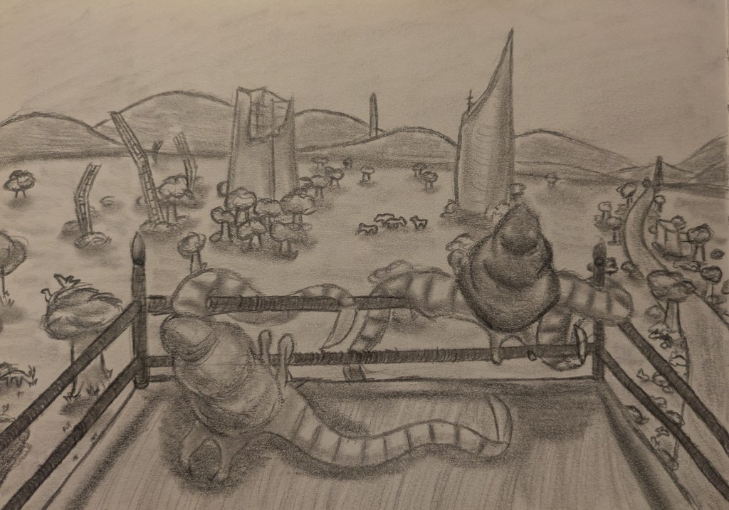 A graphite pencil drawing of two creatures with rock-like shells and long front tentacles that end in curved blades are hanging over the railing on top of a tower overlooking the valley below. The landscape they view is open grasslands dotted with trees and grazing animals. The ruins of two large skyscrapers can also be seen, as long as a number of other destroyed metal structures. There are rolling mountains in the distance, and a winding river to the right of the picture.