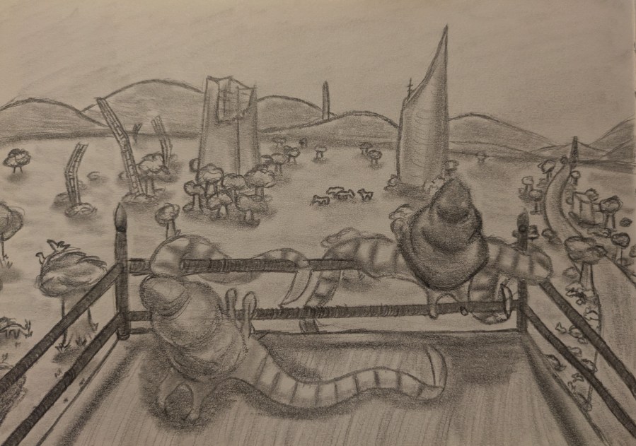 A graphite pencil drawing of two creatures with rock-like shells and long front tentacles that end in curved blades are hanging over the railing on top of a tower overlooking the valley below. The landscape they view is open grasslands dotted with trees and grazing animals. The ruins of two large skyscrapers can also be seen, as long as a number of other destroyed metal structures. There are rolling mountains in the distance, and a winding river to the right of the picture.