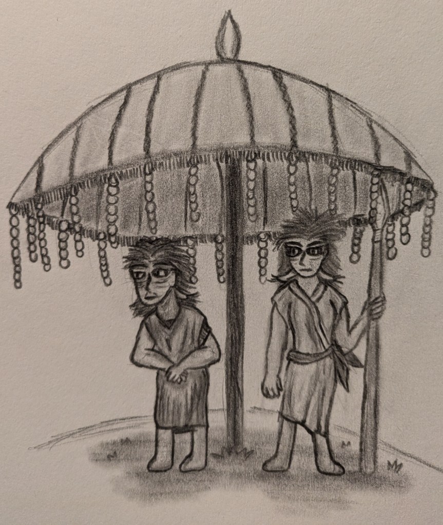 A graphite pencil showing two humanoid figures beneath an umbrella. The figure on the left seems older and hunched over, and has their hands folded in front of them. The figure on the right is feminine and stands tall and holds a spear. Both where plain robes, are barefoot, and have portrusions sticking out of the back of their skull behind their necks. The umbrella they stand under is large and fancy, with strings of beads dangling down from the edges.