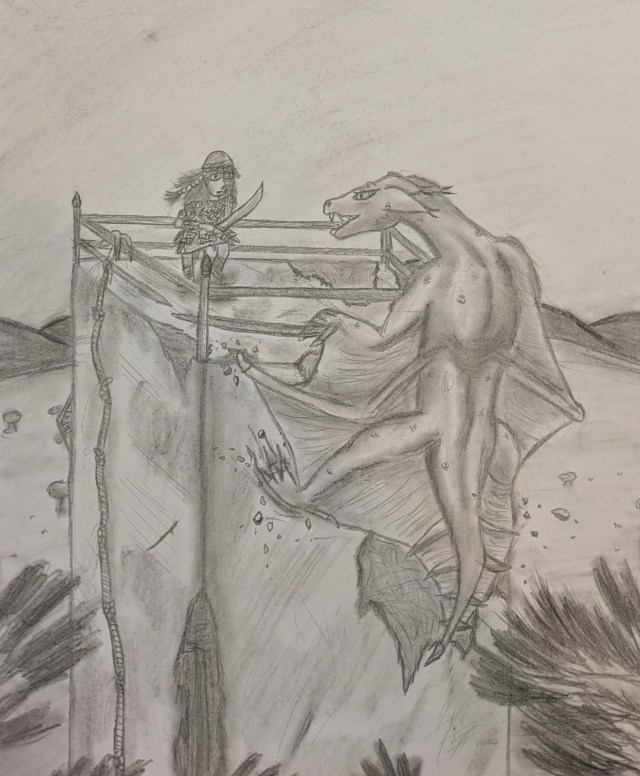 A human figure wearing bamboo-weave armour, a helmet, and a small braid amongst long dark hair stands atop a dilapidated tower holding a swords whilst facing a massive six-limbed dragon-like creature that is holding on to the railing and digging into the side of the tower with its back claws and a spike at the end of the long bony centre limbs that serve as support for membrane wings. The wing membrane stretches from the back of the front leg to the end of the tail, where eight tail flukes hold the membrane into position. The dragon-like creature and the human are glaring at each other.