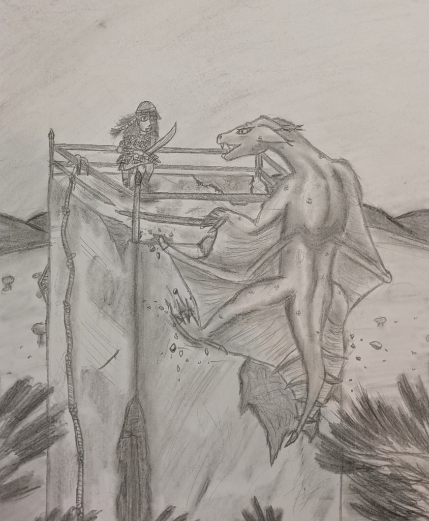 A human figure wearing bamboo-weave armour, a helmet, and a small braid amongst long dark hair  stands atop a dilapidated tower holding a swords whilst facing a massive six-limbed dragon-like creature that is holding on to the railing and digging into the side of the tower with its back claws and a spike at the end of the long bony centre limbs that serve as support for membrane wings. The wing membrane stretches from the back of the front leg to the end of the tail, where eight tail flukes hold the membrane into position. The dragon-like creature and the human are glaring at each other.