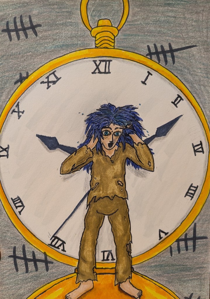 An agitated figure, with their hands in their messy, purple hair and their eyes wide wears brown rags and stands barefoot on the open lid of a giant pocket-watch. The clockface is behind them, with the time at roughly eleven minutes past 10 o'clock. The second hand appears to be moving backwards, though it is hard to tell if that is intentional or a drawing error. The background is a grey wall with tally marks.