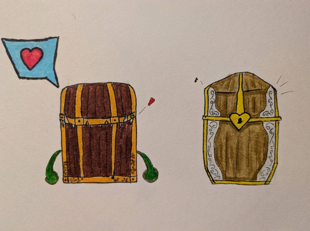 Two treasure closed chests sit side by side. The one on the left is clearly a mimic, with teeth around the lid and two small green limbs at its sides. It is blocky, made of dark brown wood and gilded in gold. A blue speech bubble with a pink love heart is coming out from it, and it is directing a tiny red heart towards the other chest.
The chest on the right is slimmer and taller than the other, with no visible teeth or limbs, but a tiny musical note is directed towards the other chest. It is made of light-brown wood and gilded both with gold along the edges, and silver inlays with a swirling pattern. It has a heart-shaped lock over it's lid. There is nothing in the background.