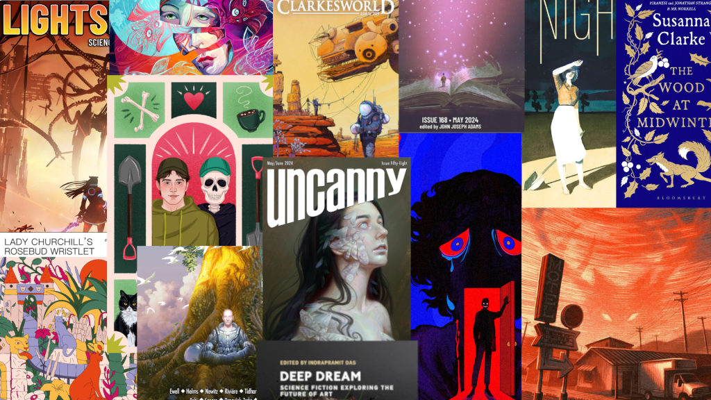 A collage made up of a dozen magazine covers (including Uncanny, Clarkesworld, Lightspeed and Lady Churchill's Rosebud Wristlet) as well as story art and book covers.