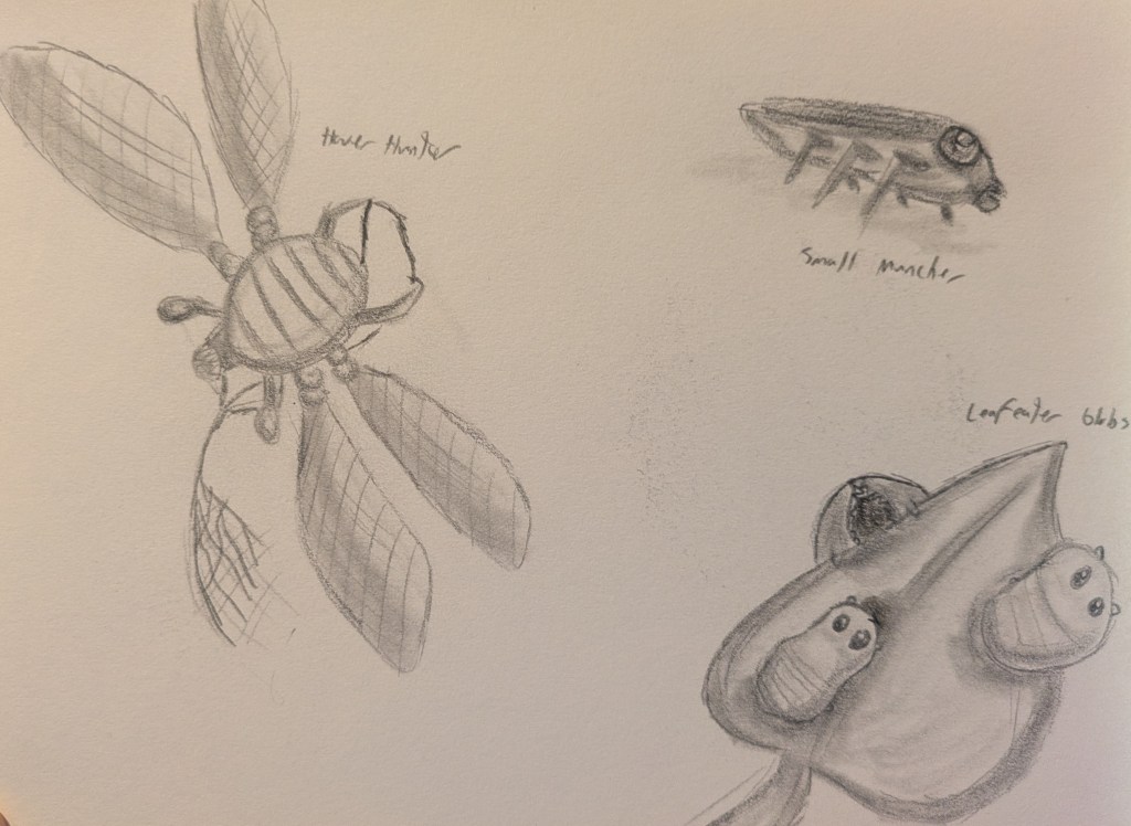 A notebook page with graphite sketches of three bugs. One a round bug with four wings and four limbs which it uses to handle a silk net labelled "Hover Hunter". The other a simple six legged bug that resembles a grasshopper, but with only one body segment instead of three, labelled "Small Muncher". The last sketch is of a leaf with three blob-like creatures on it. The creatures have big eyes, tiny limbs, and one is showing it's underside, which is made entirely of a huge, vertical mouth. This sketch is labelled "Leafeater Blobs".