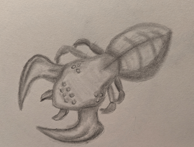 A pencil drawing of a strange bug with two body segments (a round abdomen and a longer head/body) four small legs that end in claws, two massive pincers on either side of its head and two smaller mandibles at the front. It has three clumps of spider-like eyes on its body.