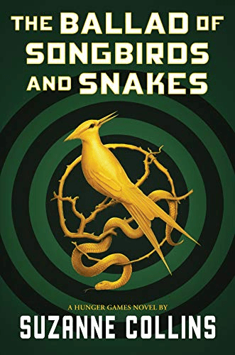 The cover of 'The Ballad of Songbirds and Snakes' by Suzanne Collins. A golden bird and snake are perched on a branch twisted into a ring in the centre of a background of black and green rings.