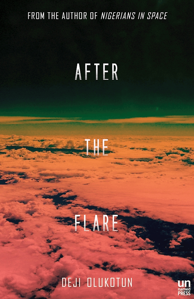 The cover of "After the Flare" by Deji Bryce Olukotun. The cover features the title over a photo of red clouds seen from space.