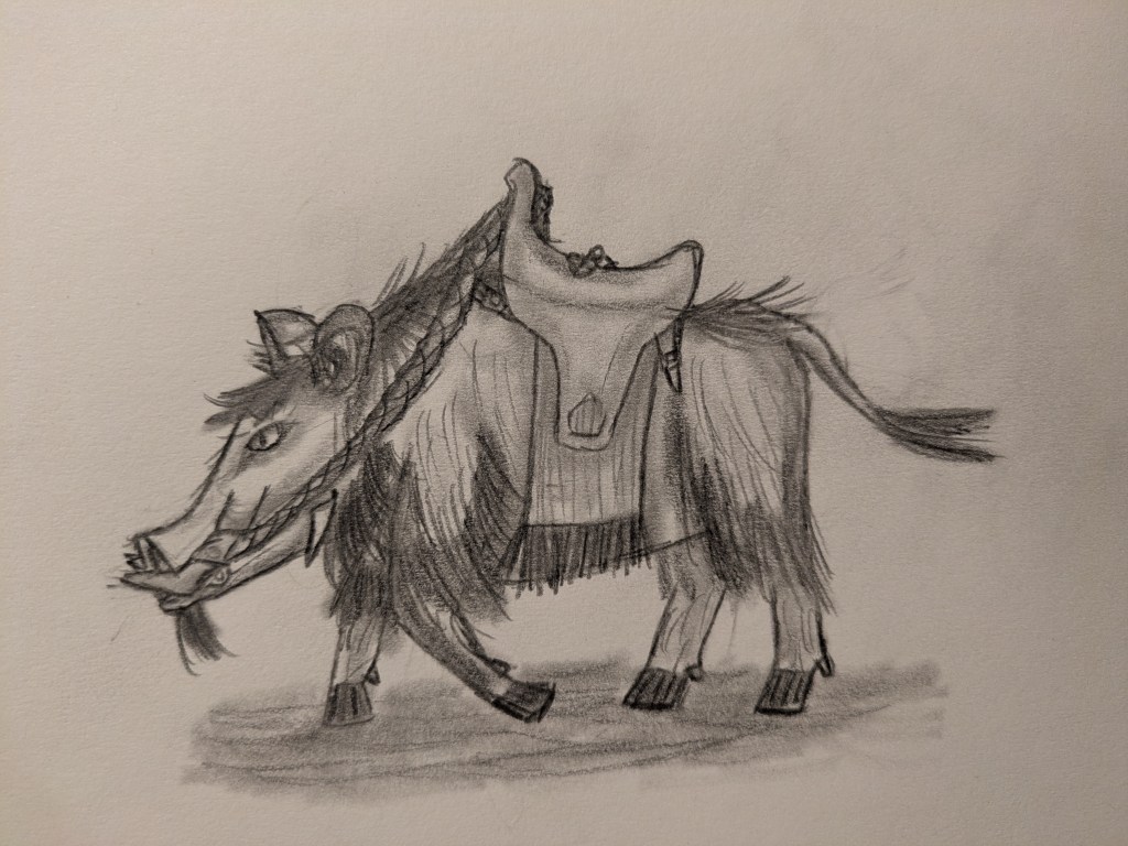 A graphite pencil sketch of a large hair boar from a side on view. It has very shaggy fur, including a goatee, and appears to have two layers of tusks. Around the front tusks, which sick out like elephant tusks, reigns have been tied. These reigns are draped over a saddle on the boar's back, which is held in place by straps, buckles, and a tube of fabric around the animal's waist. 