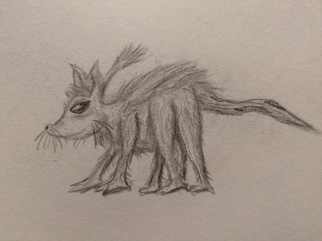 A graphite pencil sketch of a six-legged rodent with big eyes and ears and a long, hairy protrusion on the back of it's head. It has a hairless tail with thick grooves.