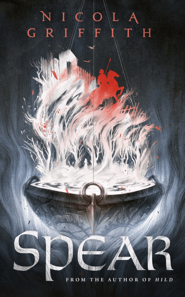 he cover of 'Spear' by Nicola Griffith. he illustration is of a fancy black bowl suspended by three strings and surrounded by smoke. At the top of the bowl is water, and coming out of this water is a somewhat abstract vision all in white, of a forest witth a figure in a dress standing between two trees. he trees are smudged at the top, turning it flames, and a red silhouette of a horse and rider wielding a spear ride through the flames, with a gate and fence behind them.