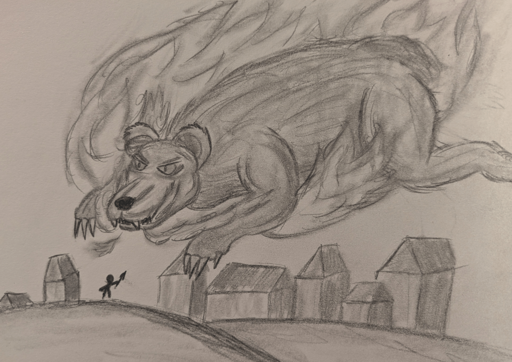 A graphite pencil drawing of a giant bear covered in fire leaps over a small town. A tiny figure stands on a hill with a spear facing the bear. 