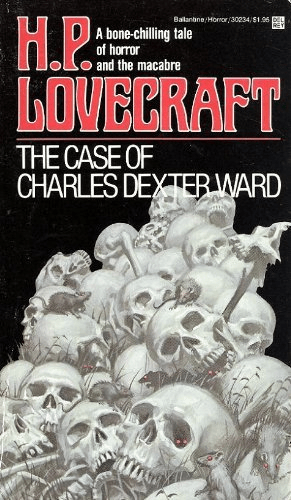 The cover of 'The Case of Charles Dexter Ward' by H.P. Lovecraft. The author's name is in large red letters, with the tagline "A bone-chilling tale of horror and the macabre" written next to it.
The illustration is pf a pile of human skulls and other bones, with grey rats climbing over it, on a black background.