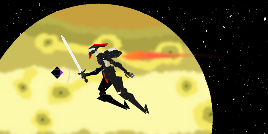 A black mech with red highlights is flying in space, with a yellow planetoid (Io) in the background. It holds a sword, and is following a black diamond that emits a purple pulse.
