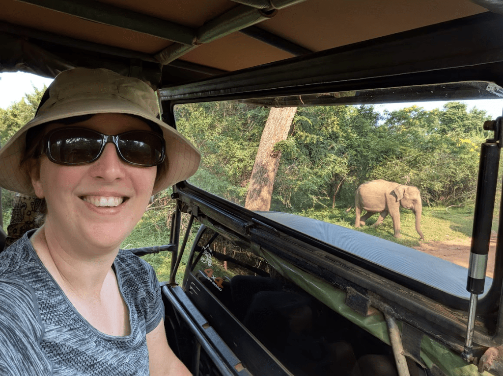 A photo of a white woman wearing a tan hat, sunglasses and a grey shirt taking a selfie while sitting in a jeep. Behind her, through the front window of the vehicle, a small Asian elephant with no tusks steps out of the bush and onto a dirt road.