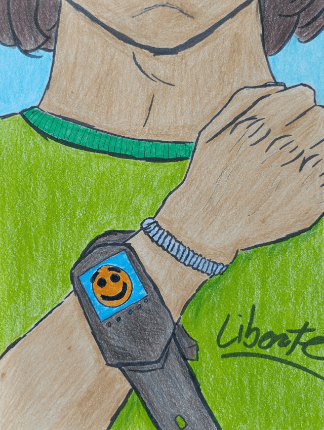 A coloured pencil drawing of a young man with light brown skin, brown hair and a green shirt from chin to chest. He holds a fist up to his shoulder, revealing that he is wearing a bracelet with silver beads, and an electronic watch-like device. The device has a screen that is showing a yellow smiley face with worried eyebrows. The strap of the device is undone.