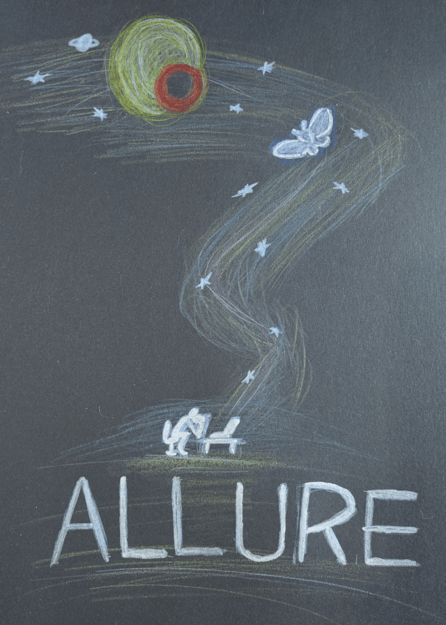 A drawing made on black paper with pencils and chalk. A tiny figure with hair in a bun is slumped over a computer at a desk in despair. From the computer is a stream of gold, white and blue weaving upwards. Within it are tiny stars, a large moth, and a golden sun being partially eclipsed by a small planet surrounded by a ring of red. Below the figure is the title 'ALLURE' in shiny white block letters.  