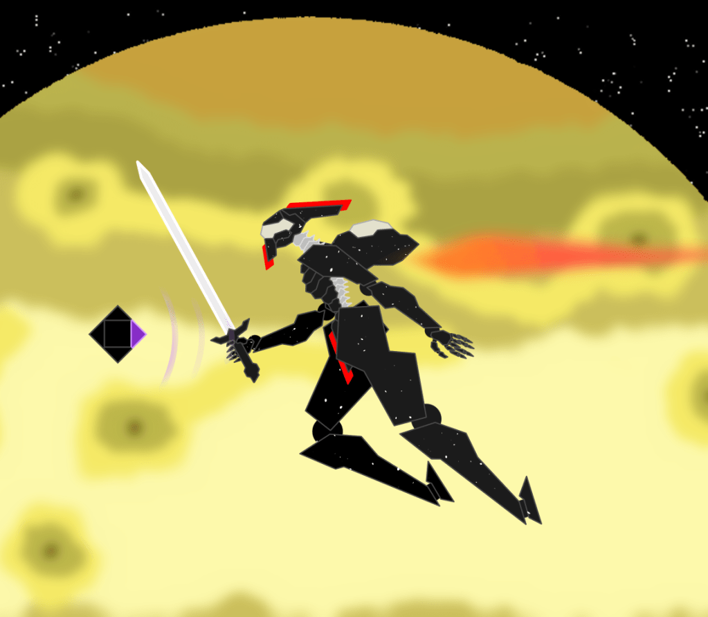 A black mech with red highlights is flying in space, with a yellow planetoid (Io) in the background. It holds a sword, and is following a black diamond that emits a purple pulse.