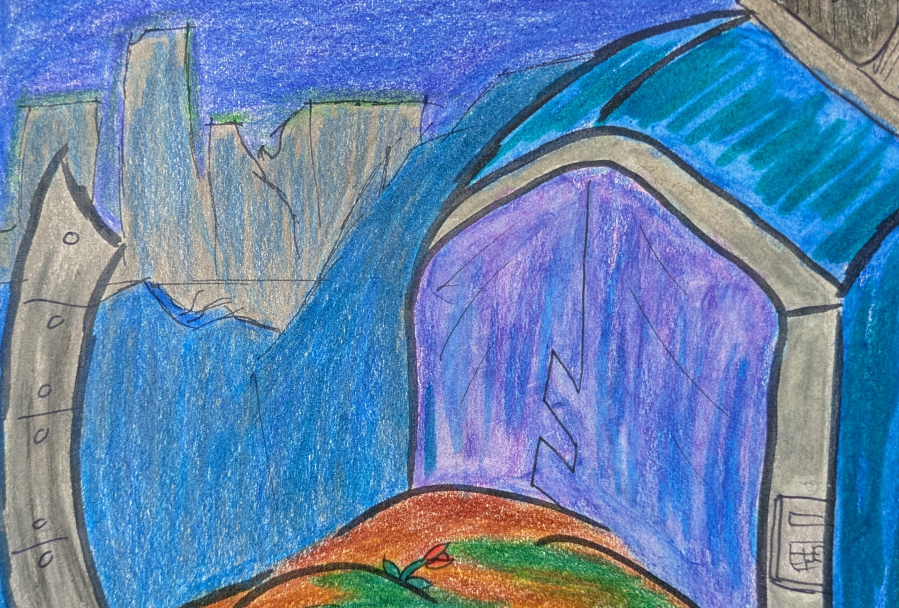 A coloured drawing of a half-buried door surrounded by ruins at nighttime. In the background there are ruined skyscrapers.