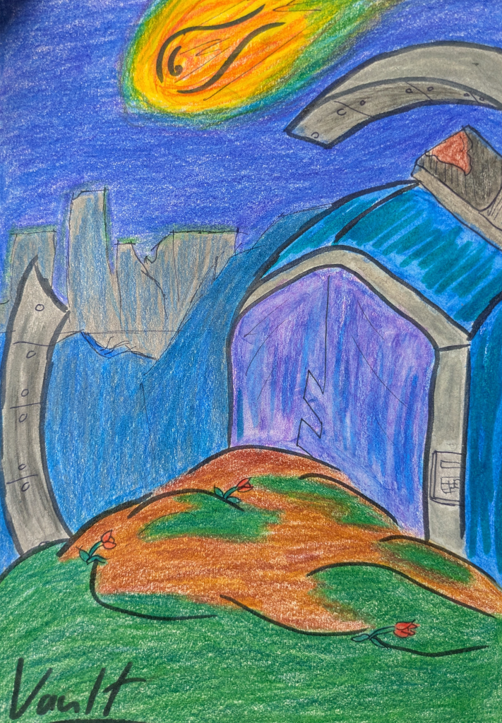 A coloured drawing of a half-buried door surrounded by ruins at nighttime. In the background there are ruined skyscrapers, and in the sky a comet streaks by. 