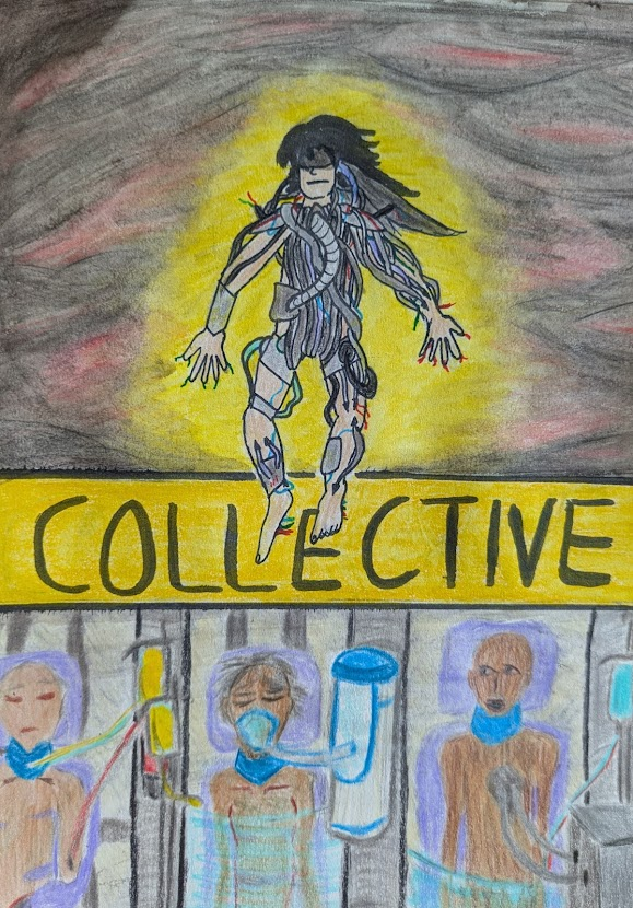 The cover of 'Collective'. A coloured pencil and watercolour drawing, with a blindfolded figure covered in tubes and wires floats in the middle of the page in front of the tile. Light glows from him, dispelling red and black clouds.  Below the tile, three thin, old people lay against purple cushions hooked up to a range of medical devices.   