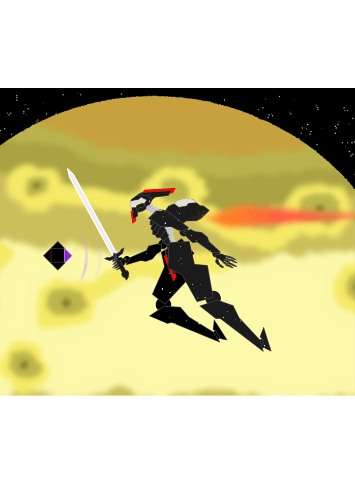 A black mech with red highlights is flying in space, with a yellow planetoid (Io) in the background. It holds a sword, and is following a black diamond that emits a purple pulse.