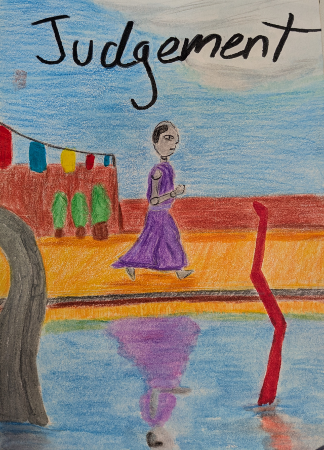 The cover of 'Judgement'. Drawn with coloured pencil, and watercolour pencils. A robot in a purple robe walks past a pool. its reflection is visible in the water. There are two sculptures in the pool; a grey monolith with a hole at the top at the edge of the page, and a thin red rod bent like a lightning bolt.